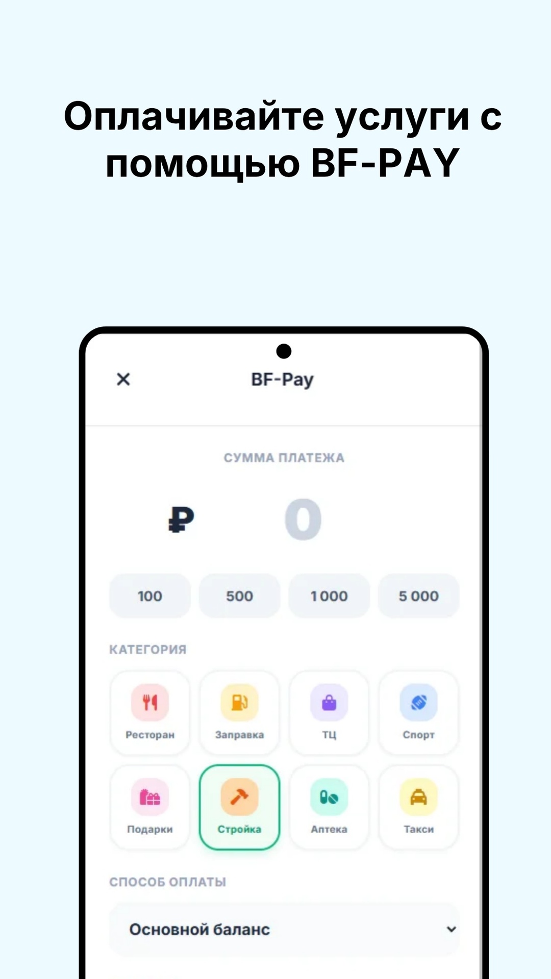BF-Pay: сумма, категория, способ оплаты
